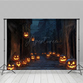 Aperturee - Aperturee Spooky Jack-o’-lantern Alley Photography Backdrop Dark Cobblestone Street Haunted Village Halloween Photos