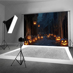 Aperturee - Aperturee Spooky Jack-o’-lantern Alley Photography Backdrop Dark Cobblestone Street Haunted Village Halloween Photos