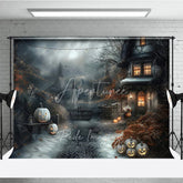 Aperturee - Aperturee Spooky Old House and Glowing Jack-o’-Lanterns Holiday Backdrop Enchanting Halloween Night Party Decor