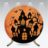 Aperturee - Aperturee Spooky Orange and Black Haunted House Round Backdrop with Flying Bats Eerie Halloween Party Decor
