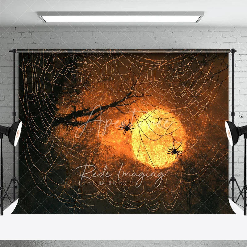 Aperturee - Aperturee Spooky Spiders on a Web Photography Backdrop Orange Sunset for Halloween Moody and Dark Photo Background
