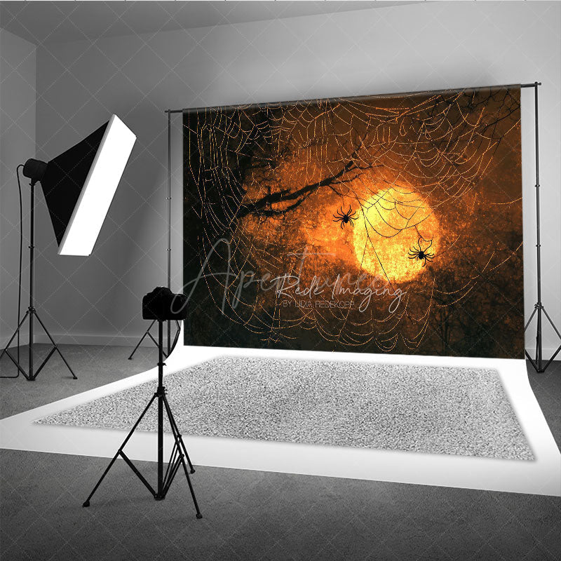 Aperturee - Aperturee Spooky Spiders on a Web Photography Backdrop Orange Sunset for Halloween Moody and Dark Photo Background