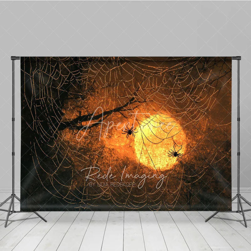 Aperturee - Aperturee Spooky Spiders on a Web Photography Backdrop Orange Sunset for Halloween Moody and Dark Photo Background