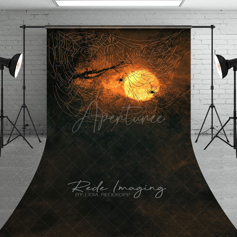 Aperturee - Aperturee Spooky Spiders on a Web Sweep Backdrop Orange Sunset for Halloween Moody and Dark Photo Studio Floor Drop