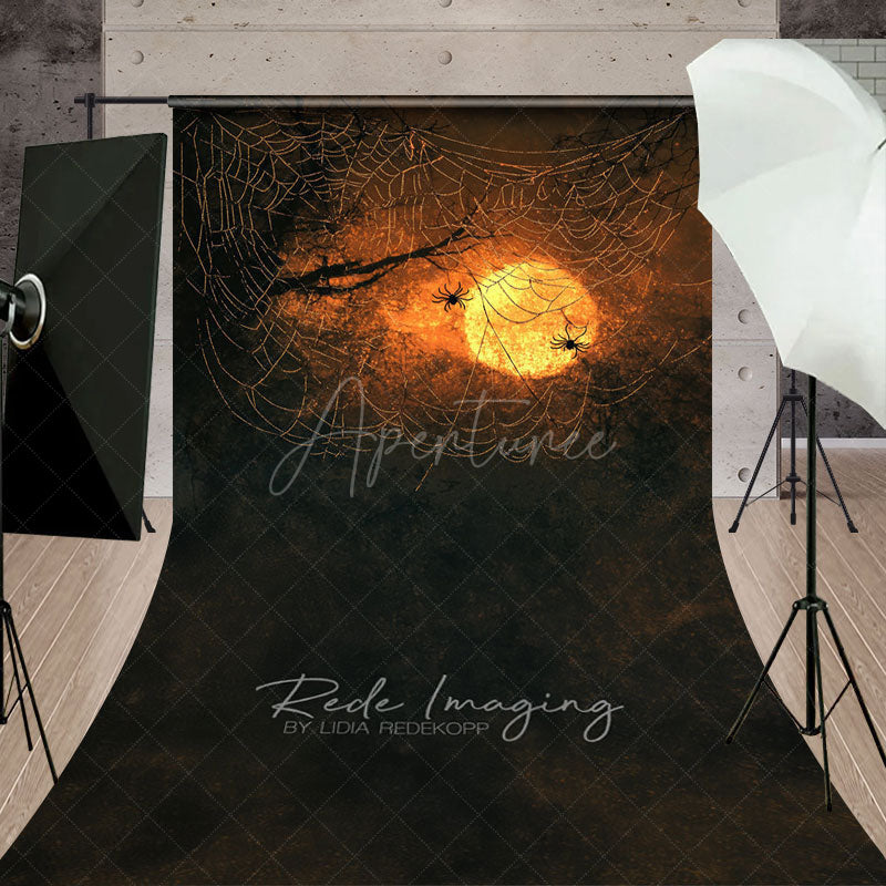 Aperturee - Aperturee Spooky Spiders on a Web Sweep Backdrop Orange Sunset for Halloween Moody and Dark Photo Studio Floor Drop