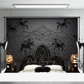 Aperturee Aperturee Spooky Spiderweb Headboard Photography Backdrop Black Wicker Bed and Jack O’ Lanterns Halloween Photo Prop
