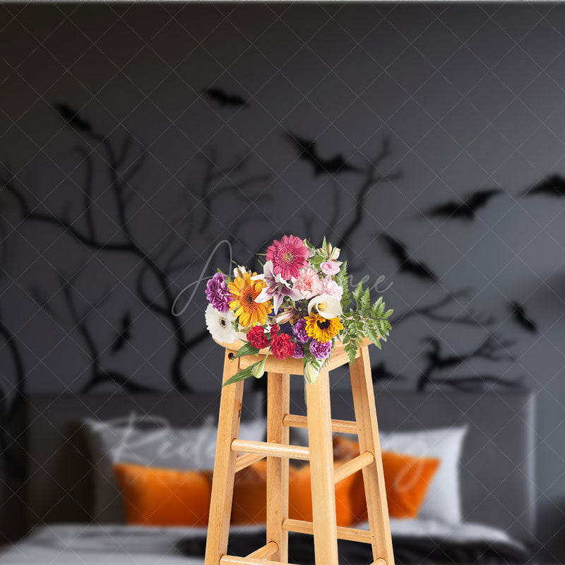 Aperturee Aperturee Spooky Tree Branch Headboard Photography Backdrop Gothic Halloween Bedroom with Bats Moody Dark Photo Prop