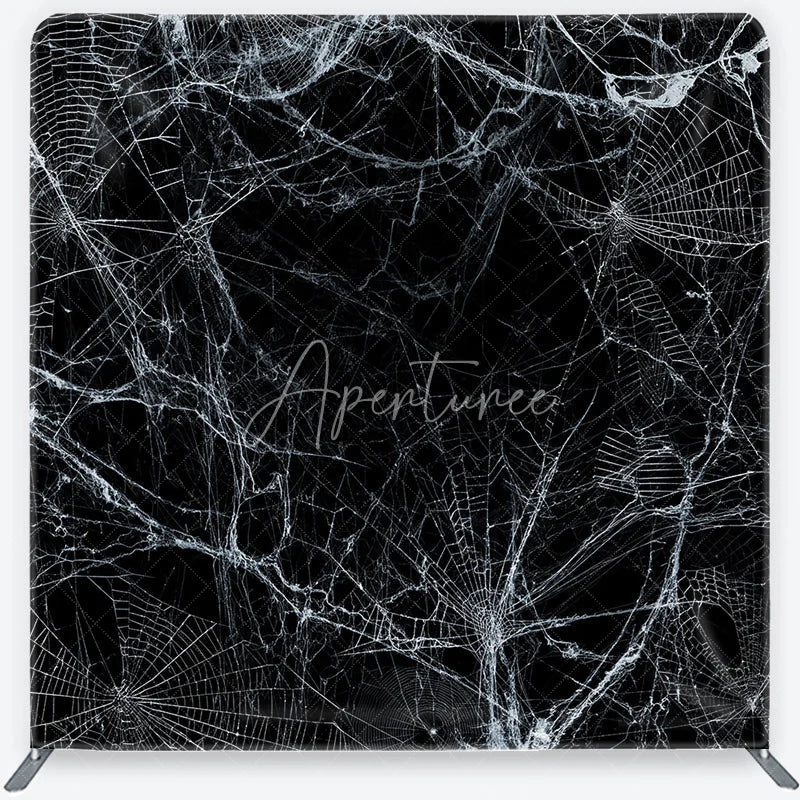Aperturee - Aperturee Spooky White Spider Web and Cobweb Square Double-Sided Backdrop Eerie Black Background for Halloween Party