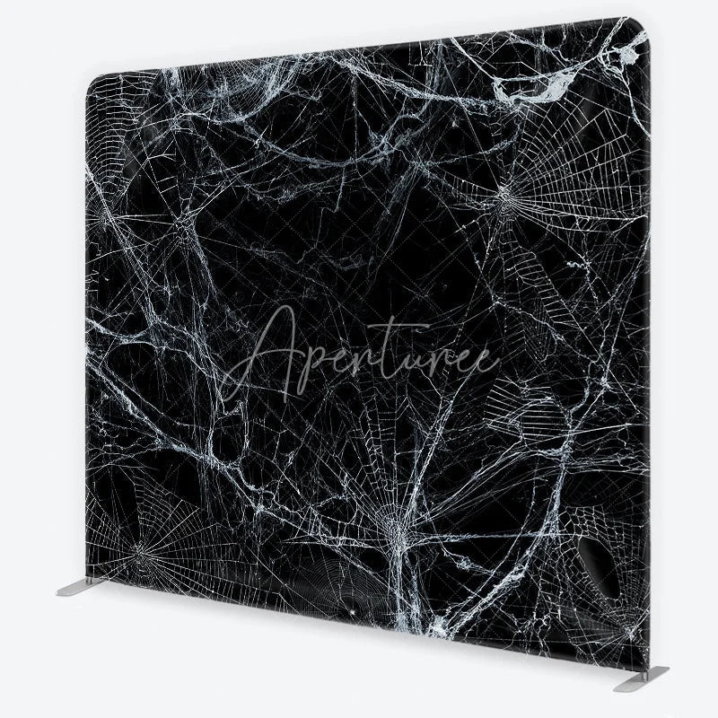 Aperturee - Aperturee Spooky White Spider Web and Cobweb Square Double-Sided Backdrop Eerie Black Background for Halloween Party