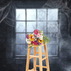 Aperturee - Aperturee Spooky Window with Cobwebs Photography Backdrop Haunted Stone Wall with Fog Gothic Halloween Photo Shoots