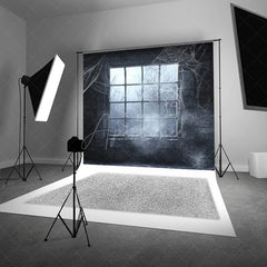 Aperturee - Aperturee Spooky Window with Cobwebs Photography Backdrop Haunted Stone Wall with Fog Gothic Halloween Photo Shoots