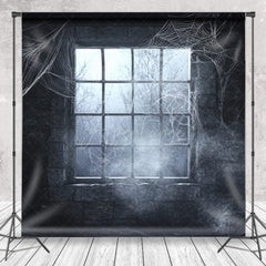 Aperturee - Aperturee Spooky Window with Cobwebs Photography Backdrop Haunted Stone Wall with Fog Gothic Halloween Photo Shoots