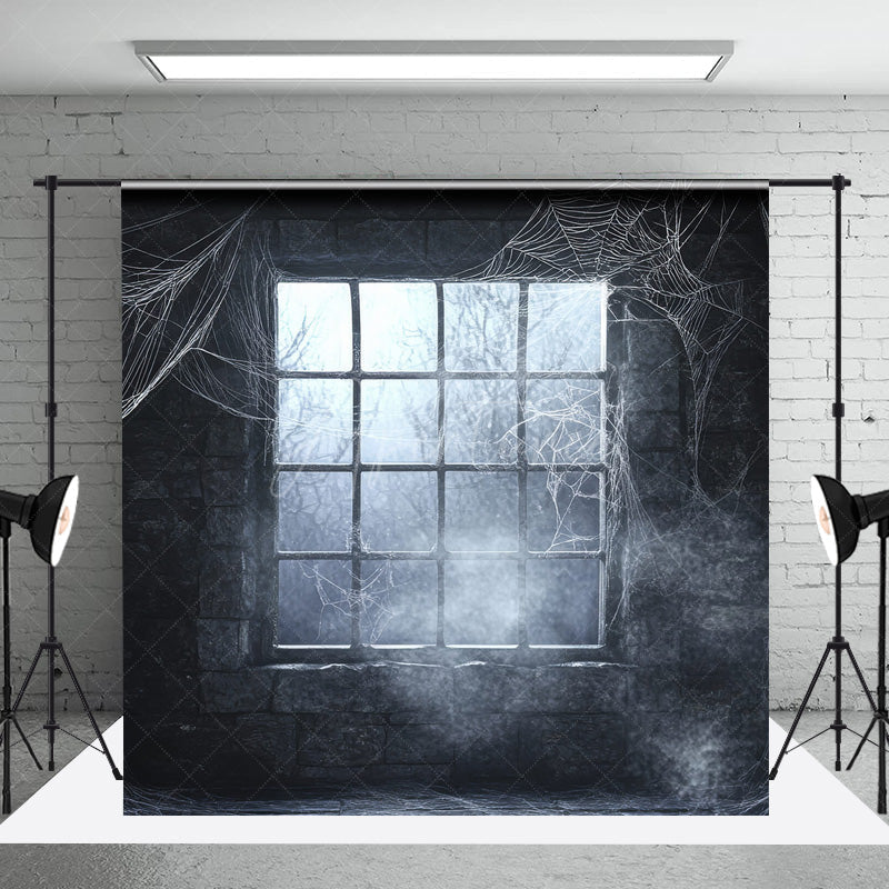 Aperturee - Aperturee Spooky Window with Cobwebs Photography Backdrop Haunted Stone Wall with Fog Gothic Halloween Photo Shoots