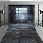 Aperturee - Aperturee Spooky Window with Cobwebs Sweep Backdrop Haunted Stone Wall with Fog Gothic Halloween Photo Shoots