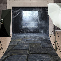 Aperturee - Aperturee Spooky Window with Cobwebs Sweep Backdrop Haunted Stone Wall with Fog Gothic Halloween Photo Shoots
