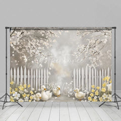 Aperturee - Aperturee Spring Blooming White Fence Backdrop Cute Ducks and Yellow Flowers Easter Photography Background for Party