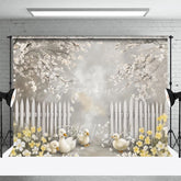Aperturee - Aperturee Spring Blooming White Fence Backdrop Cute Ducks and Yellow Flowers Easter Photography Background for Party