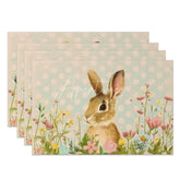 Aperturee - Aperturee Spring Blue Dot Rabbit Set of 4 Placemats Wildflower Easter Bunny Table Mats for Dining Room
