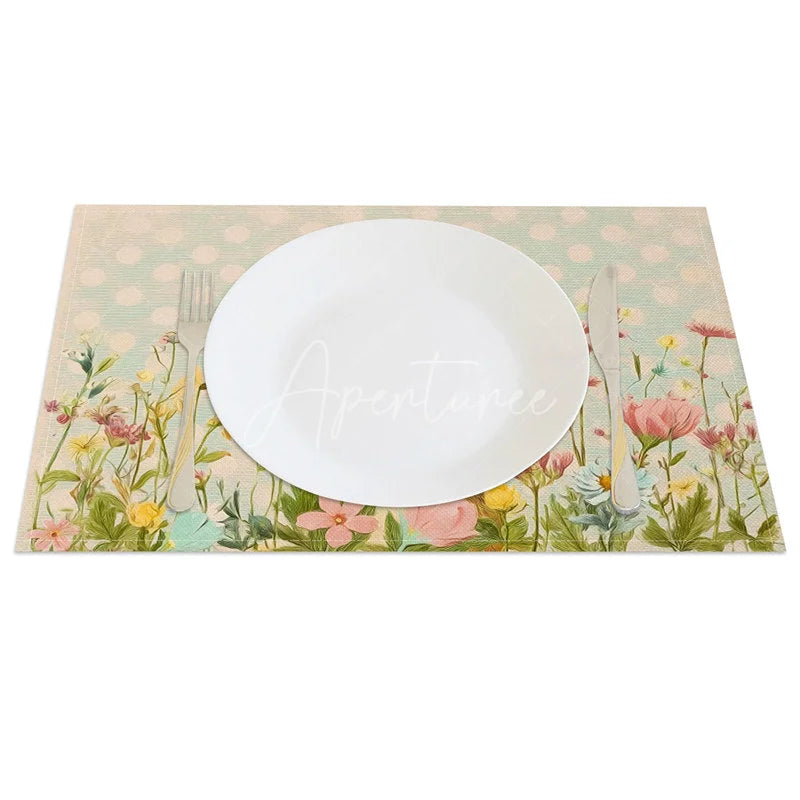 Aperturee - Aperturee Spring Blue Dot Rabbit Set of 4 Placemats Wildflower Easter Bunny Table Mats for Dining Room