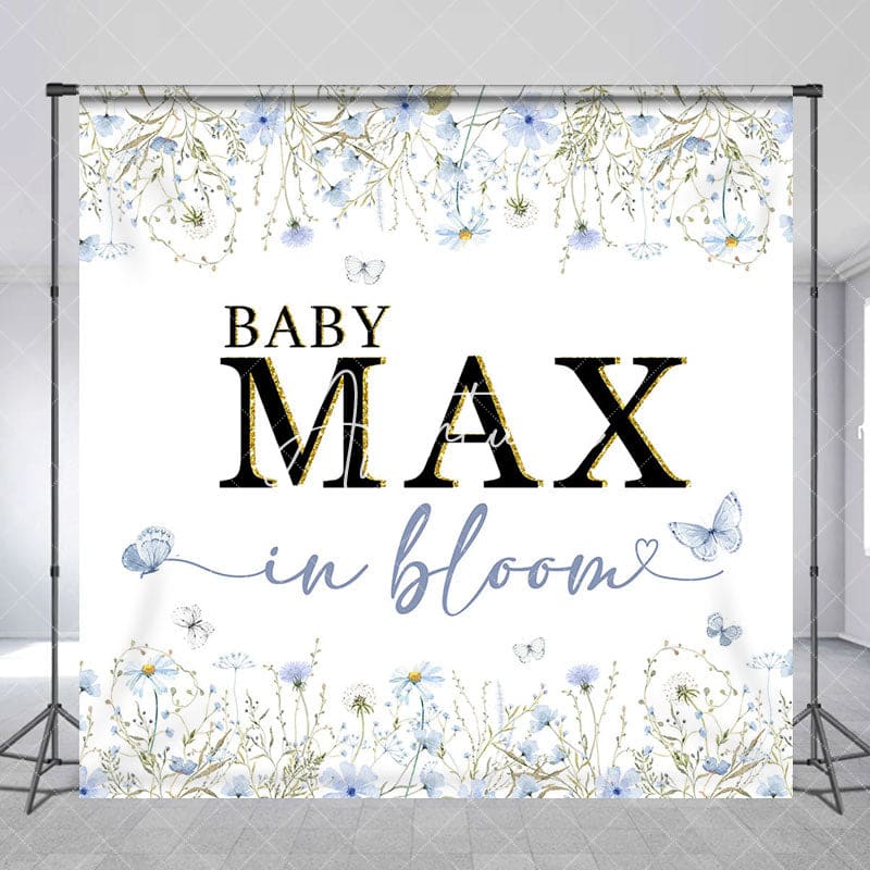 Aperturee - Aperturee Spring Blue Floral Custom Name Baby Shower Backdrop