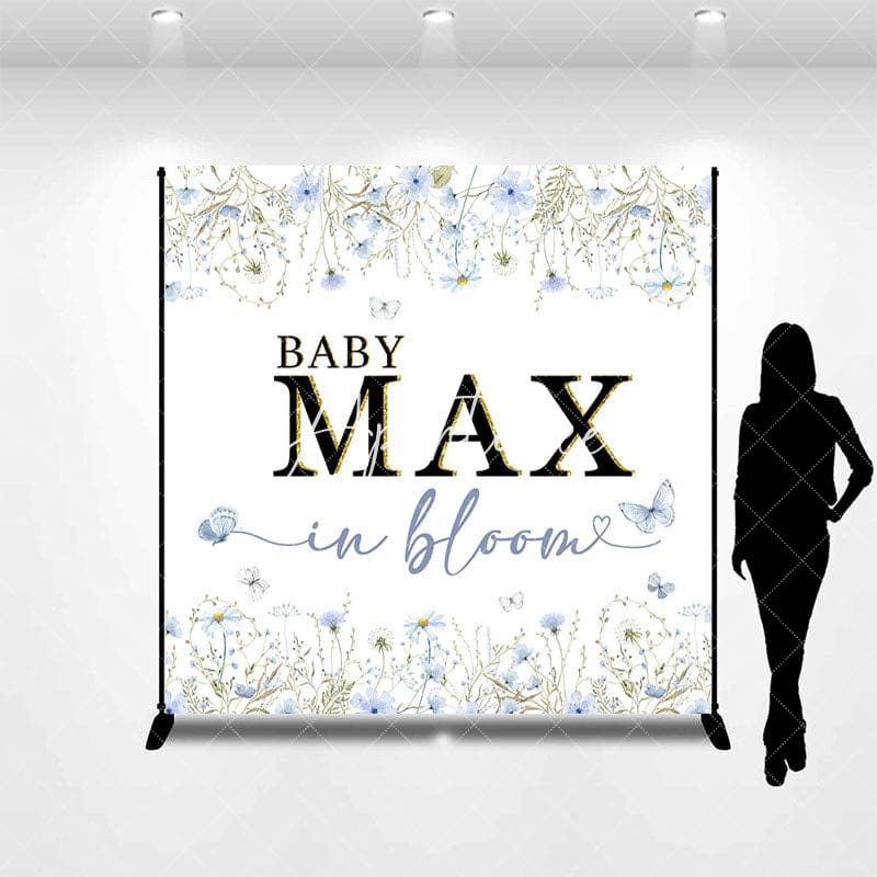 Aperturee - Aperturee Spring Blue Floral Custom Name Baby Shower Backdrop