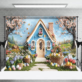 Aperturee - Aperturee Spring Blue House Floral Trees Easter Photo Backdrop