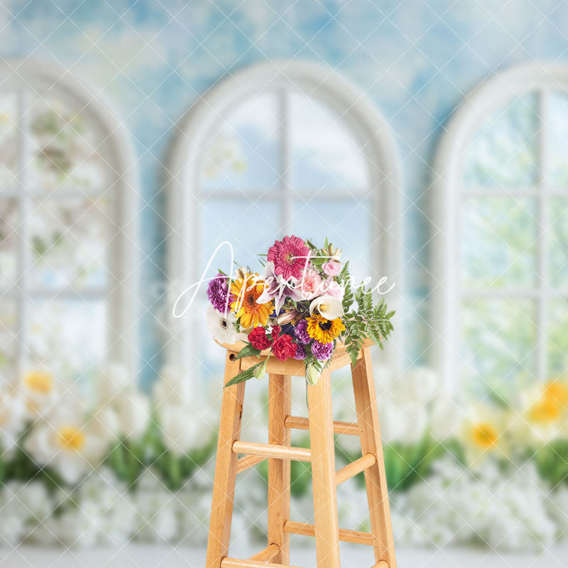 Aperturee - Aperturee Spring Blue Window Wall Floral Photography Backdrop
