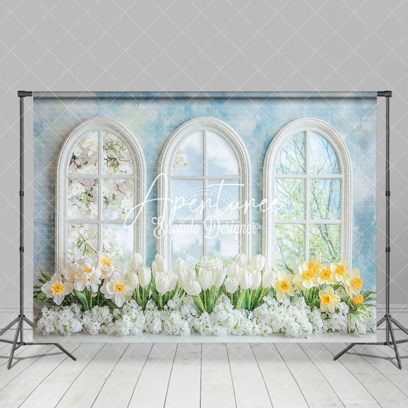 Aperturee - Aperturee Spring Blue Window Wall Floral Photography Backdrop