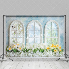 Aperturee - Aperturee Spring Blue Window Wall Floral Photography Backdrop