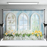 Aperturee - Aperturee Spring Blue Window Wall Floral Photography Backdrop
