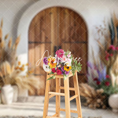 Aperturee - Aperturee Spring Boho Floral Retro Wooden Door Photo Backdrop