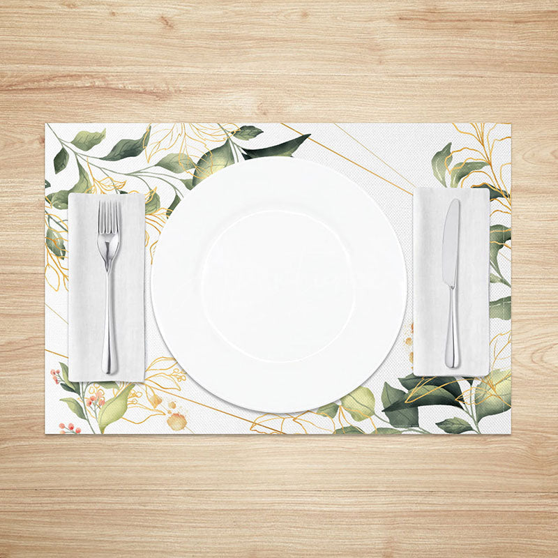 Aperturee - Aperturee Spring Boho Leaf Placemats Set of 4 Green and Gold Botanical Design for Elegant Kitchen Table Decor