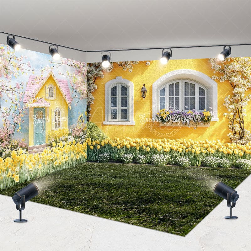 Aperturee - Aperturee Spring Bright Yellow House Floral Room Set Backdrop