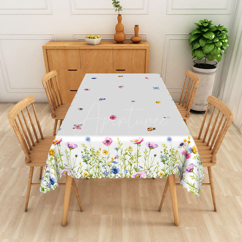 Aperturee - Aperturee Spring Butterfly and Colorful Flowers Rectangle Tablecloth for Garden Party and Easter Decorations