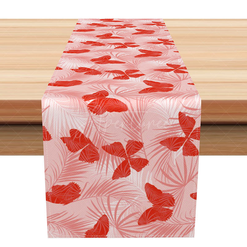 Aperturee - Aperturee Spring Butterfly Table Runner with Pink Botanical Plants for Whimsical Garden Party and Kitchen Decor