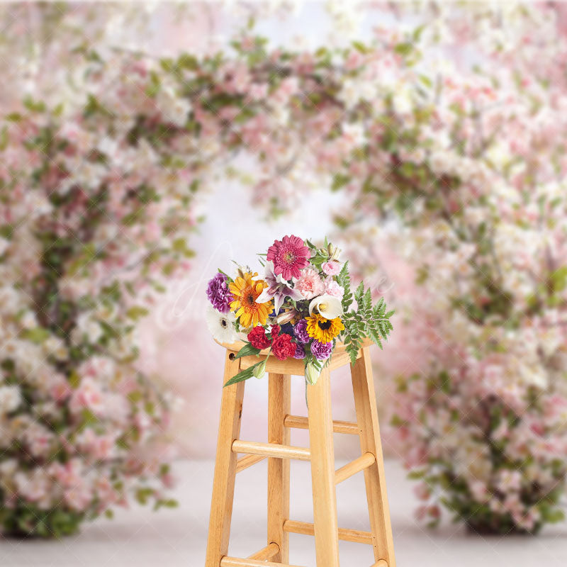 Aperturee - Aperturee Spring Cherry Blossom Arch Photography Backdrop Pink and White Floral Romantic Garden Wedding Photo Background