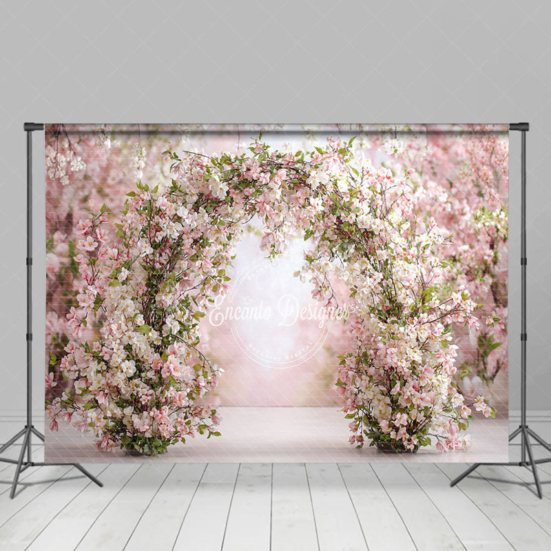 Aperturee - Aperturee Spring Cherry Blossom Arch Photography Backdrop Pink and White Floral Romantic Garden Wedding Photo Background