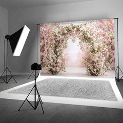 Aperturee - Aperturee Spring Cherry Blossom Arch Photography Backdrop Pink and White Floral Romantic Garden Wedding Photo Background