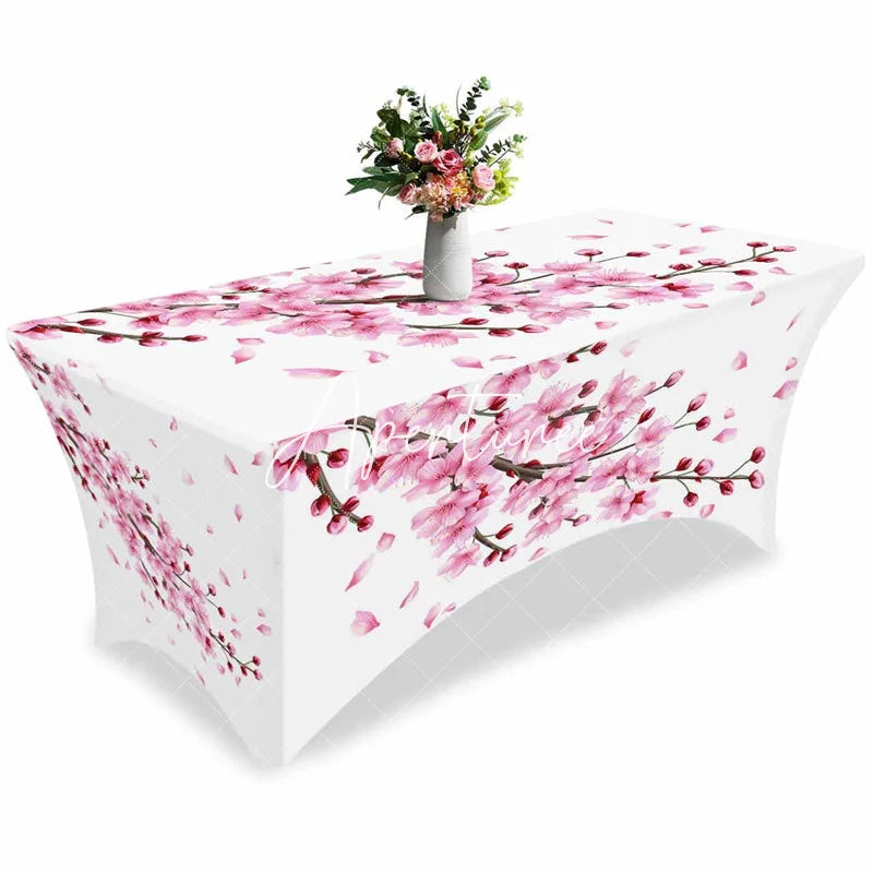 Aperturee - Aperturee Spring Cherry Blossom Tree Branch Stretch Table Cover