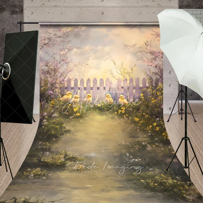 Aperturee - Aperturee Spring Chicks and White Fence Backdrop Artistic Oil Painting Floral Garden Easter and Newborn Photography