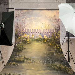 Aperturee - Aperturee Spring Chicks and White Fence Backdrop Artistic Oil Painting Floral Garden Easter and Newborn Photography