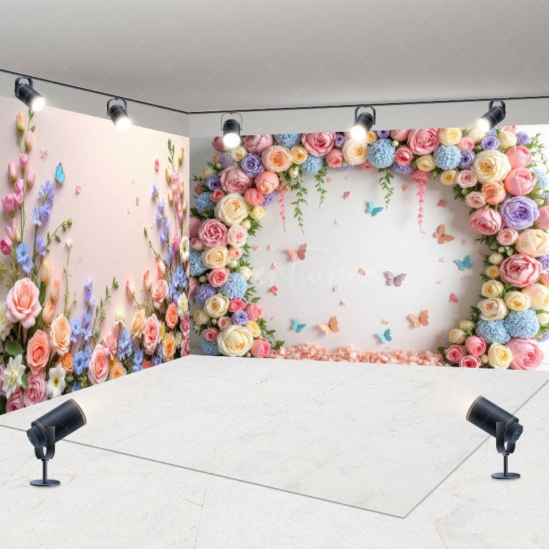 Aperturee - Aperturee Spring Color Floral Butterfly Wall Room Set Backdrop