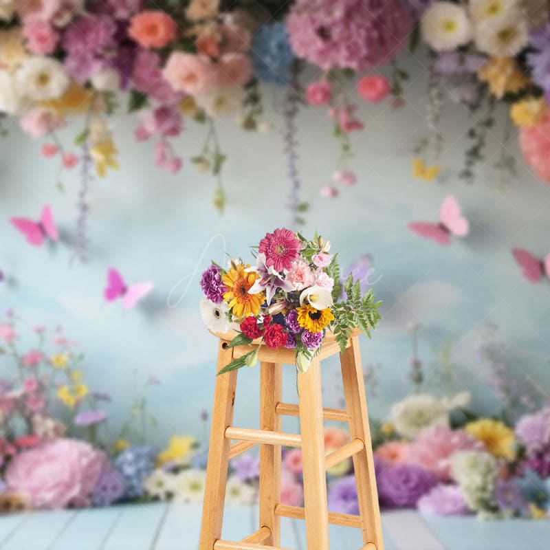 Aperturee - Aperturee Spring Colorful Floral Butterfly Cake Smash Backdrop
