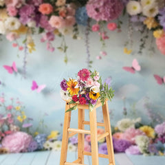 Aperturee - Aperturee Spring Colorful Floral Butterfly Cake Smash Backdrop