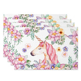 Aperturee - Aperturee Spring Colorful Floral Unicorn Set of 4 Placemats