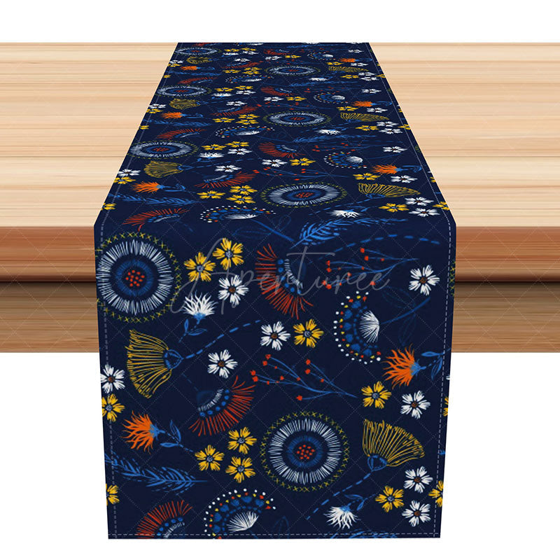 Aperturee - Aperturee Spring Dandelion Table Runner in Dark Blue Botanical Wildflower Print for Farmhouse Kitchen Table Decor
