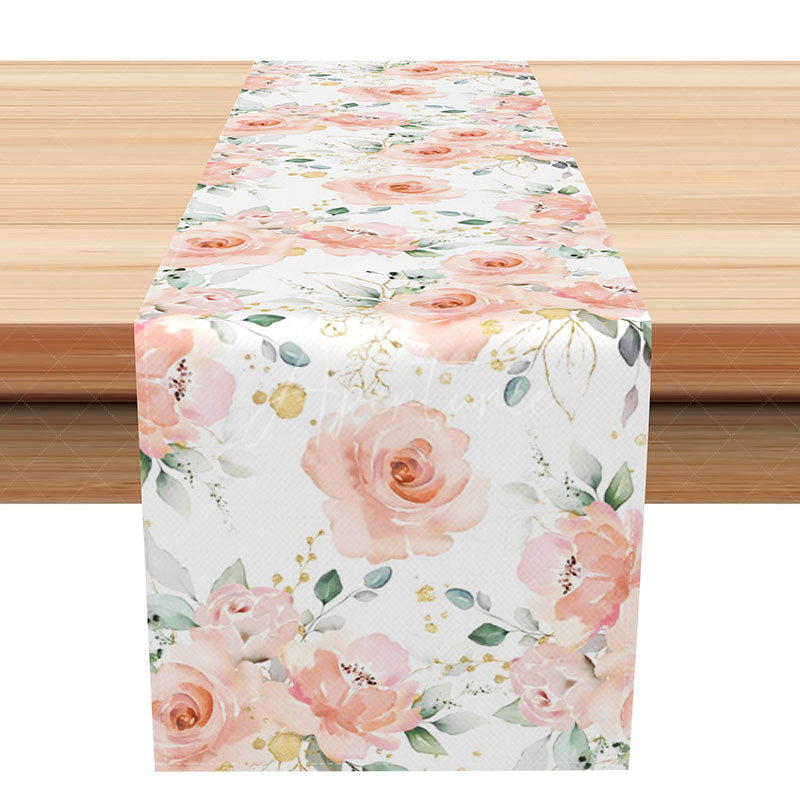 Aperturee - Aperturee Spring Dining Table Runner with Pink Blooming Floral Print for Wedding Garden Party and Elegant Decor