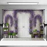 Aperturee Aperturee Spring Doorway Photography Backdrop Purple Lavender and Rustic White Door French Countryside Studio Photo Prop