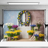 Aperturee Aperturee Spring Doorway Photography Backdrop White Door with Daffodil Wreath Colorful Easter Floral Photo Studio Prop
