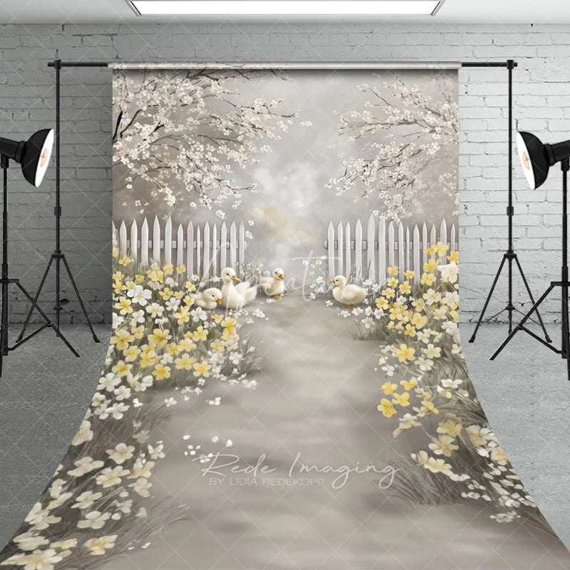 Aperturee - Aperturee Spring Ducklings Garden Path Backdrop White Fence and Yellow Flowers Blossom Scene Farm Animals Background